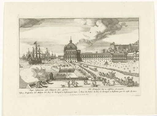 View of the Royal Palace in Lisbon and the forecourt with people