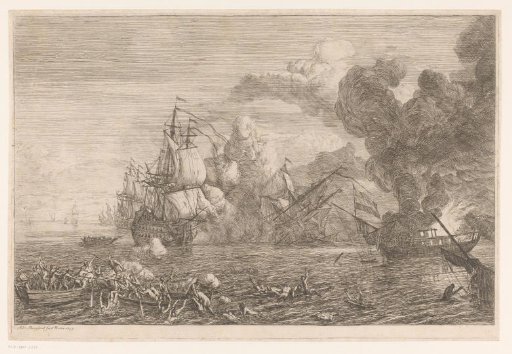 Naval battle with burning boat