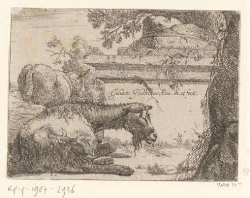 Goat and sheep lying down near an antique ruin