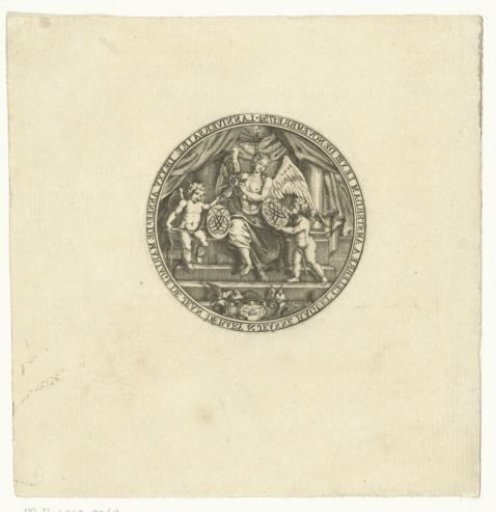 Medal with a naked winged woman and two cupids and symbols of love