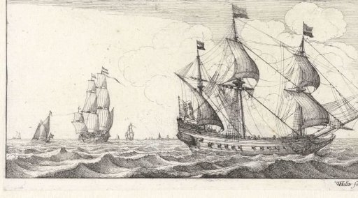 Warship with four sails hoisted