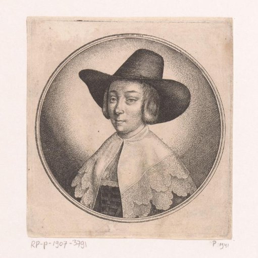 Woman with lace collar and broad-brimmed hat