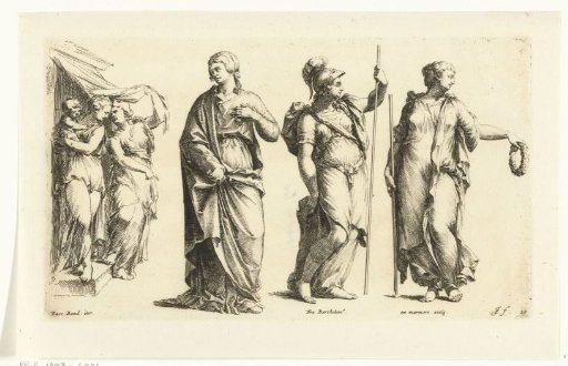 Three female figures and a group with two women and a child