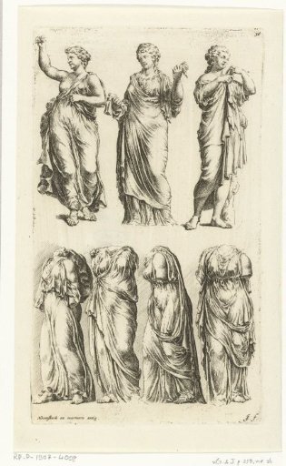 Seven figures of women in classical dress