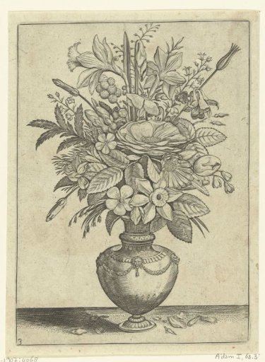 Vase with flowers, including trumpet daffodils