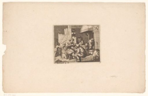 Interior with figures around the fireplace