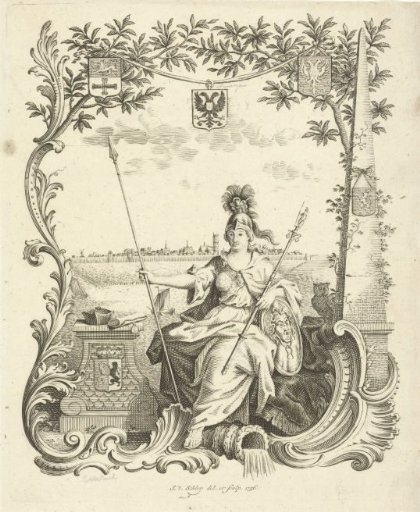 Minerva with a marshal's baton for the university town of Harderwijk. Title page of dissertations published in Harderwijk since 1756
