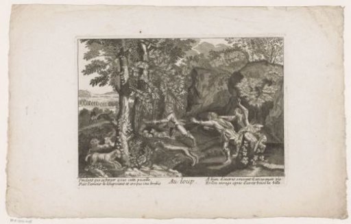 Shepherds pursuing a wolf with a lamb in its mouth