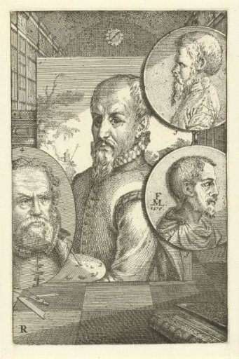 Portraits of Augustin Jorisz. Verburcht, Hendrick van Cleve, Melchior Lorck and Hans Vredeman de Vries