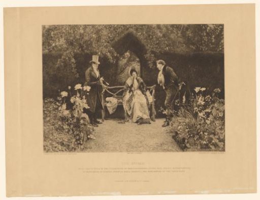 Two men courting a woman in a garden