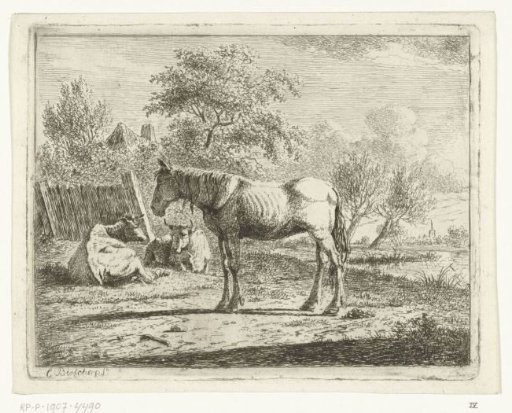 Landscape with a Horse and Two Cows at a Farmhouse by the Water