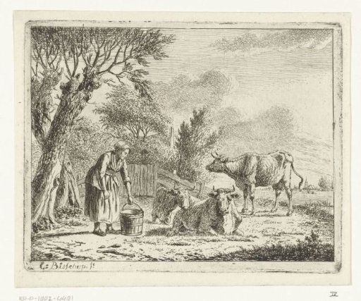 Landscape with a Woman with a Milk Can and Three Cows at a Farmhouse