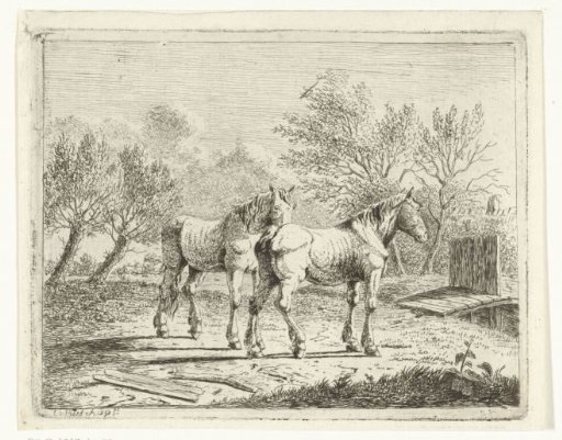 Pastoral Landscape with Two Horses at a Small Bridge and a Farmhouse