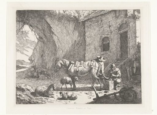 Horse being shod by a farrier on a farmyard