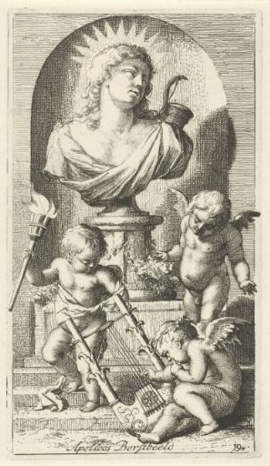 Three putti at a bust of Apollo