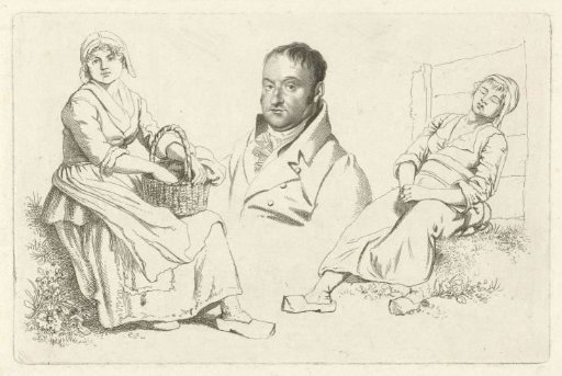 Portrait of Daniel Vrijdag between two peasant women