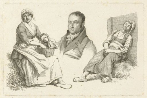 Portrait of Daniel Vrijdag between two peasant women