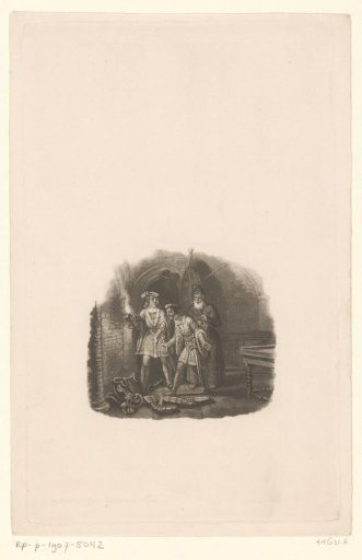 Three men finding parts of armor in a dungeon