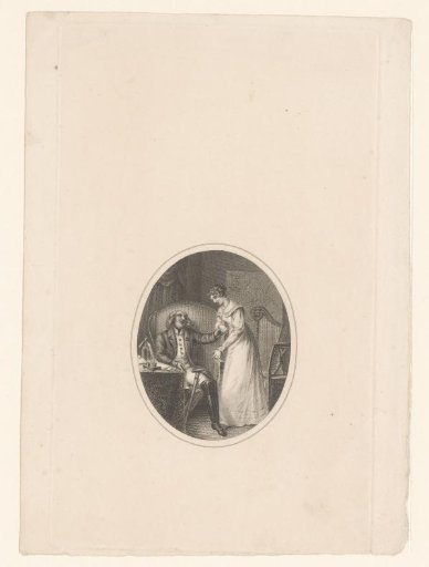 Woman with a man holding a cane seated in a chair