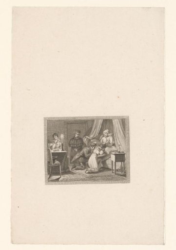 Two figures kneeling before a man on his deathbed