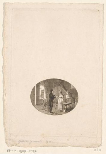 Interior with a man, a pregnant woman and a maid at a table