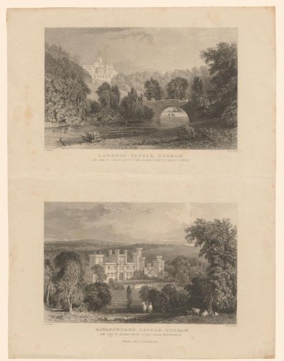 Gezicht op Lambton Castle en voorstelling van Ravensworth Castle