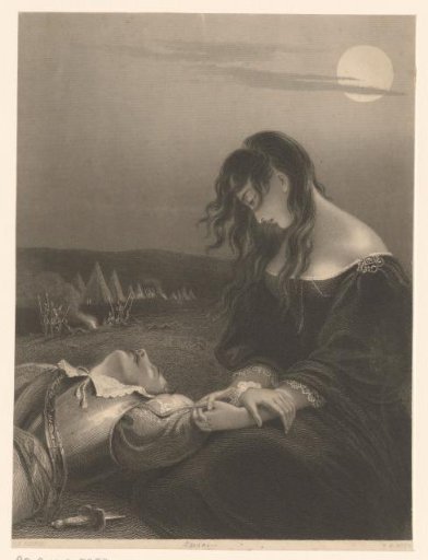Woman mourning a deceased soldier by moonlight