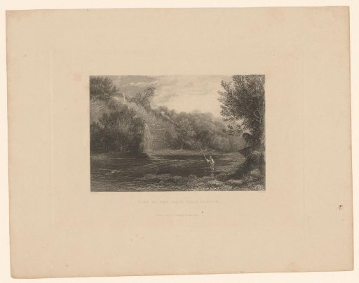 View of a river with a fisherman and a waterfall