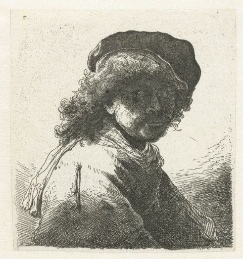 Self-portrait in a cap and scarf with the face dark: bust