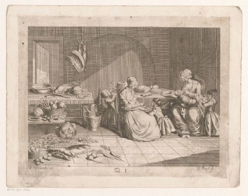 Two women with children in a kitchen full of provisions