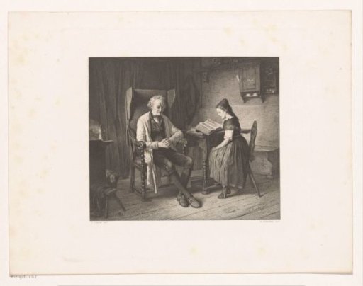 Interior with a girl reading aloud to a man
