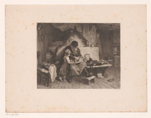 Two children watching an old man make a wooden birdcage