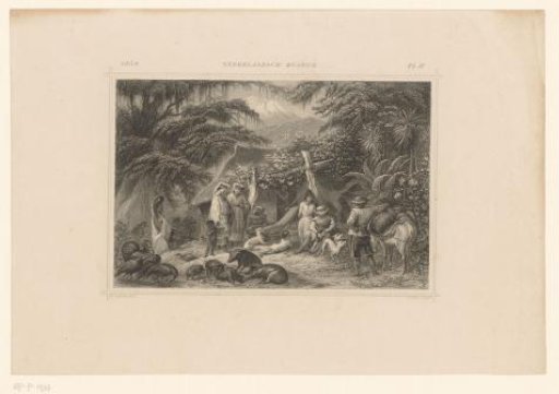Family by a hut in the woods