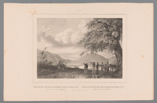 Landscape with figures by a lake and the volcanoes Gunung Karang and Pulosari