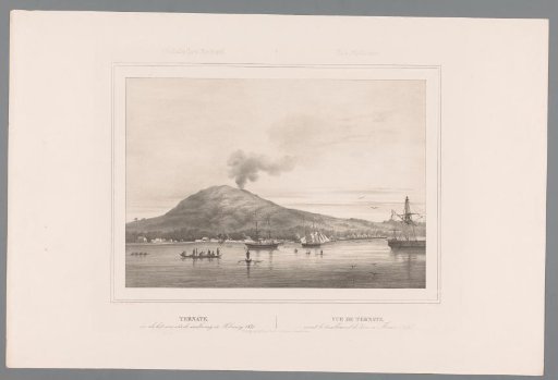 View of the island of Ternate with the smoking volcano Gamalama