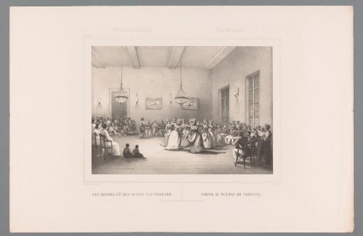 Interior in the Dutch East Indies with dancing women, musicians and spectators