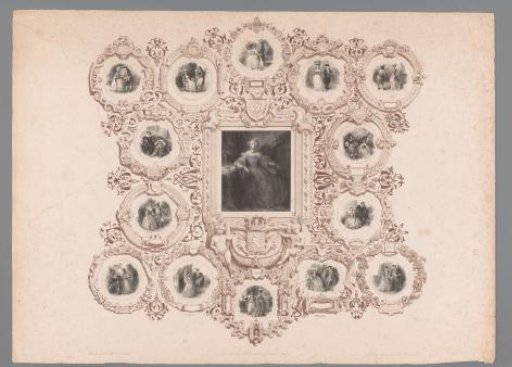 Portrait of Louise Marie of Orléans with ornamental frame containing various scenes