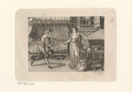 Interior with a man greeting a woman beside a chest of money