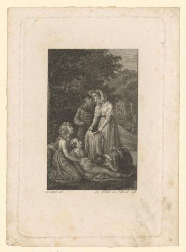 Dying man surrounded by three mourning women