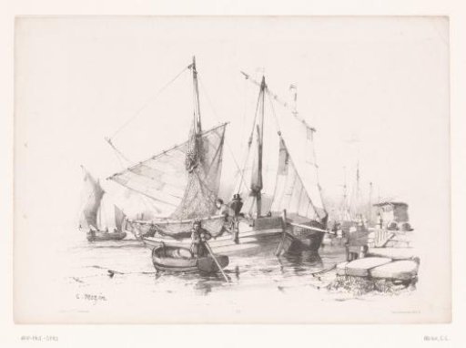 Sailing ships and rowing boat at the quay