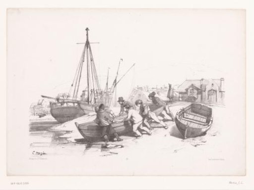 Men pushing a rowing boat from land to water