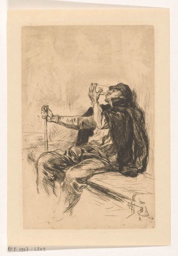 Drinking man with walking stick