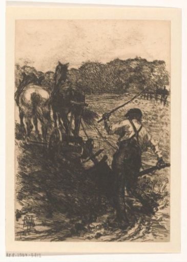 Farmer with two ploughing horses