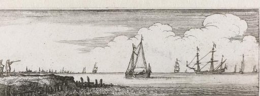 Men on shore pointing at ships on the water