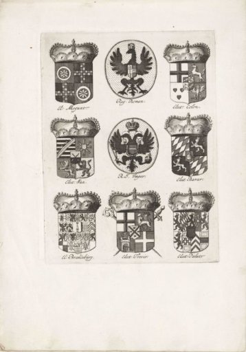 Sheet with the family coats of arms of nine portrayed persons