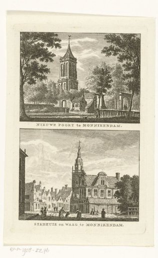New or Broeker Gate and tower of Great Church at Monnickendam and town hall and Weighing House at Monnickendam