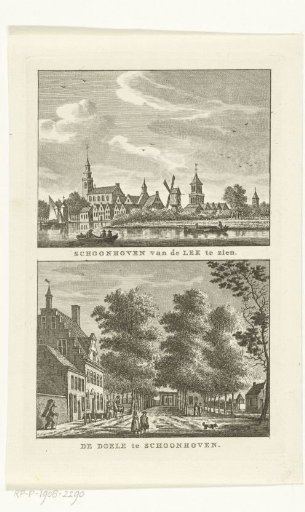 View of Schoonhoven from the Lek and village view with the Doelen at Schoonhoven