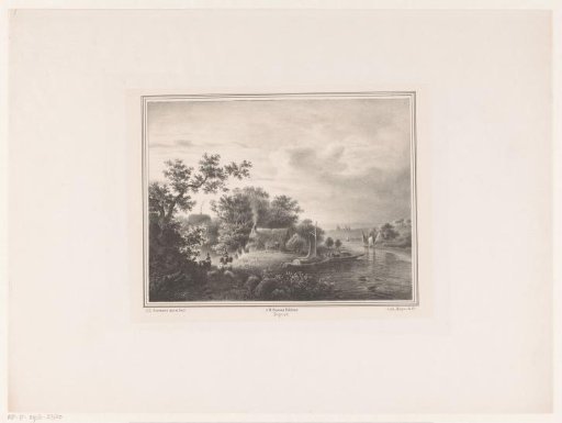 River view with house and shepherds with cattle