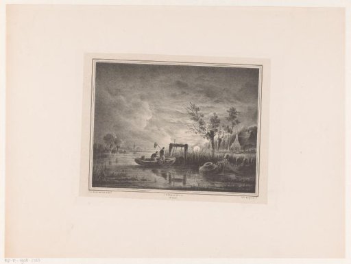 Fishing boat on river by moonlight