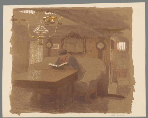 Interior with a man reading at a table